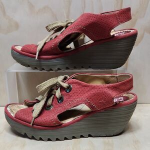 Fly London Ylfa Red Tan Wedge Sandals Women 11 US 42EU Laces 2.5" Heel Open Toe